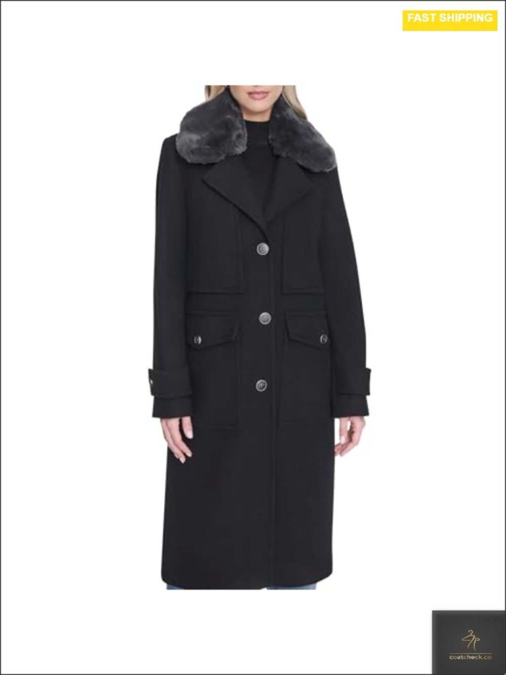 Classic Single-Breasted Military-Inspired Wool Trench Coat Removable Faux Fur